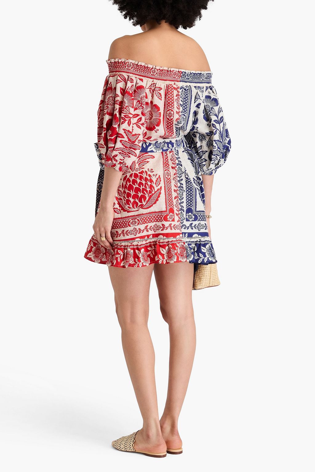 FARM RIO Schulterfreies Minikleid aus einer Leinenmischung mit floralem Print