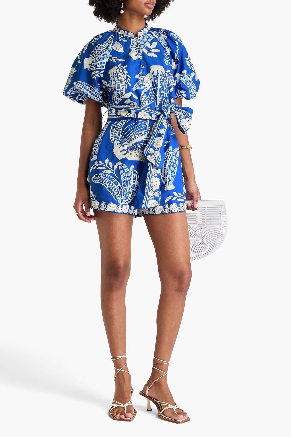 FARM RIO Belted bead-embellished printed cotton-poplin playsuit