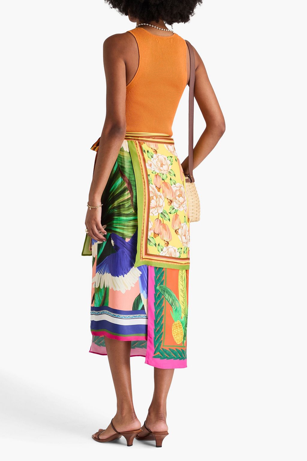 FARM RIO Layered printed crepe de chine midi wrap skirt
