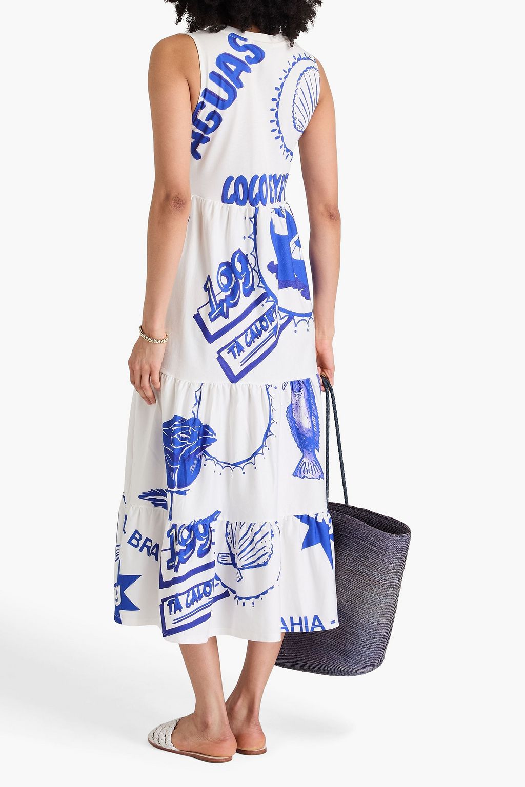 FARM RIO Rainha Das Aguas tiered printed cotton-jersey midi dress