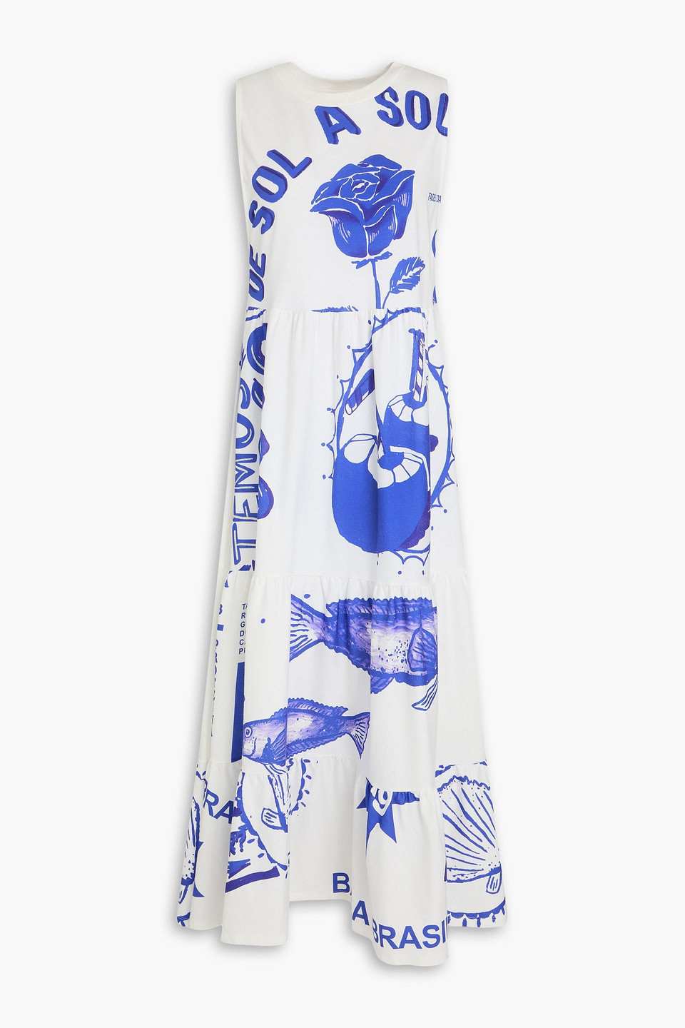 farm rio - tiered printed cotton-jersey midi dress - blue - xl