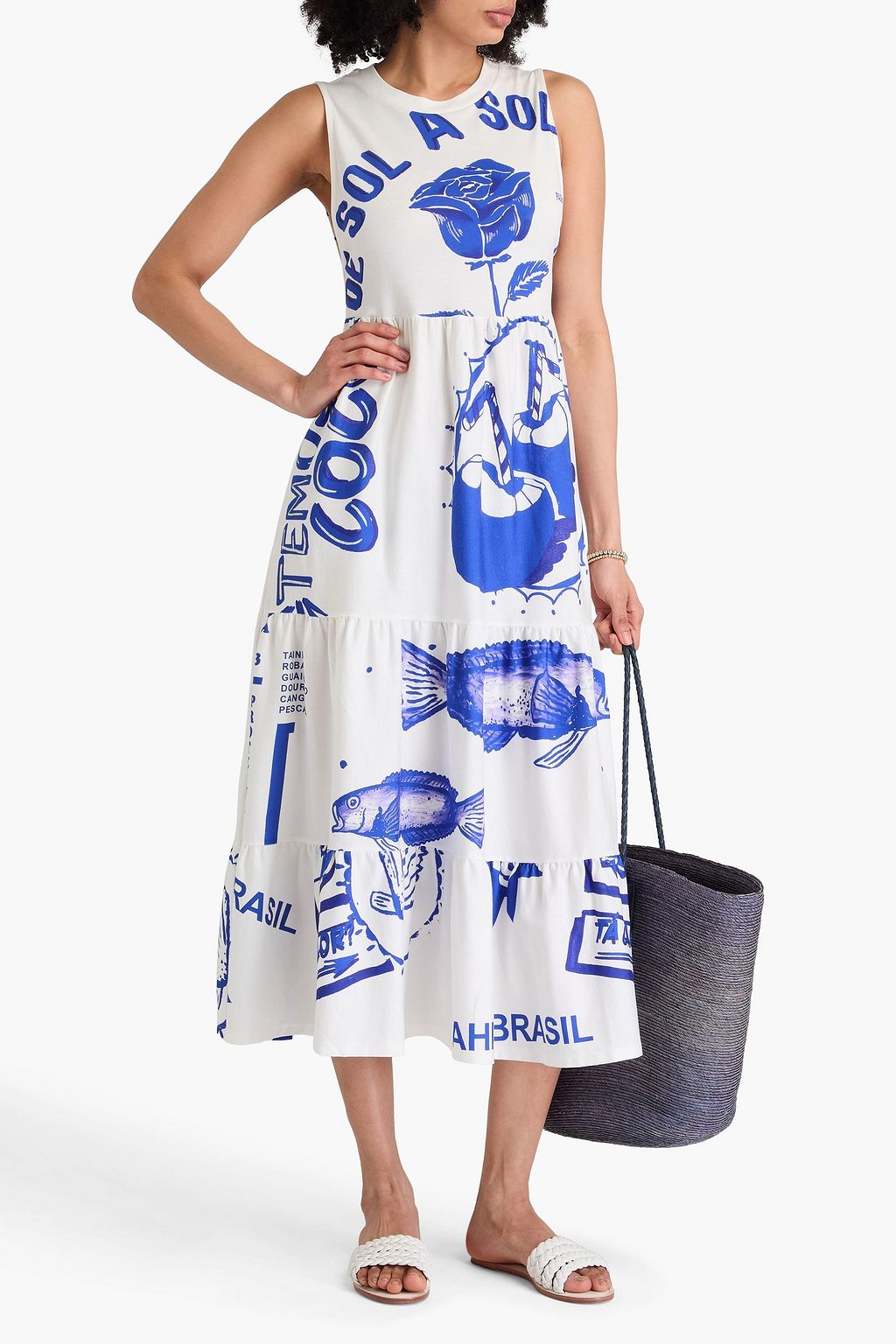 FARM RIO Rainha Das Aguas tiered printed cotton-jersey midi dress