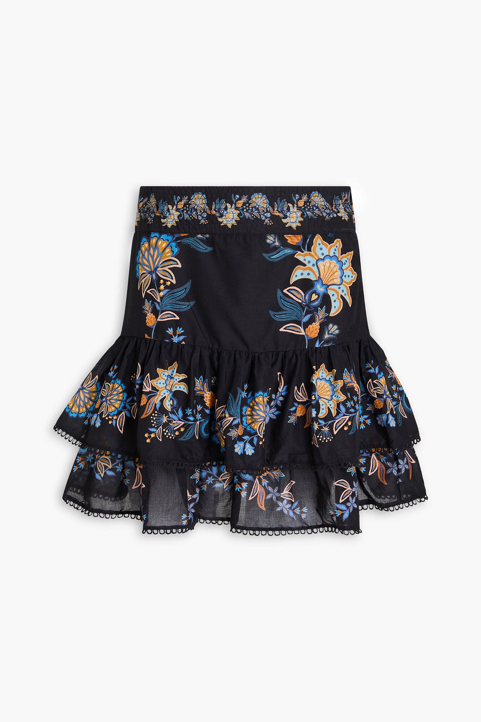 farm rio - crochet-trimmed tiered floral-print woven mini skirt - black - l