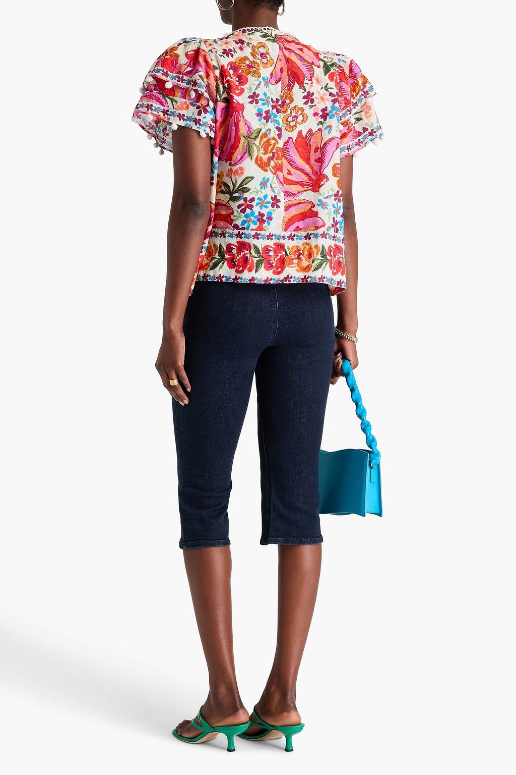 FARM RIO Pom pom-embellished floral-print Swiss-dot cotton top