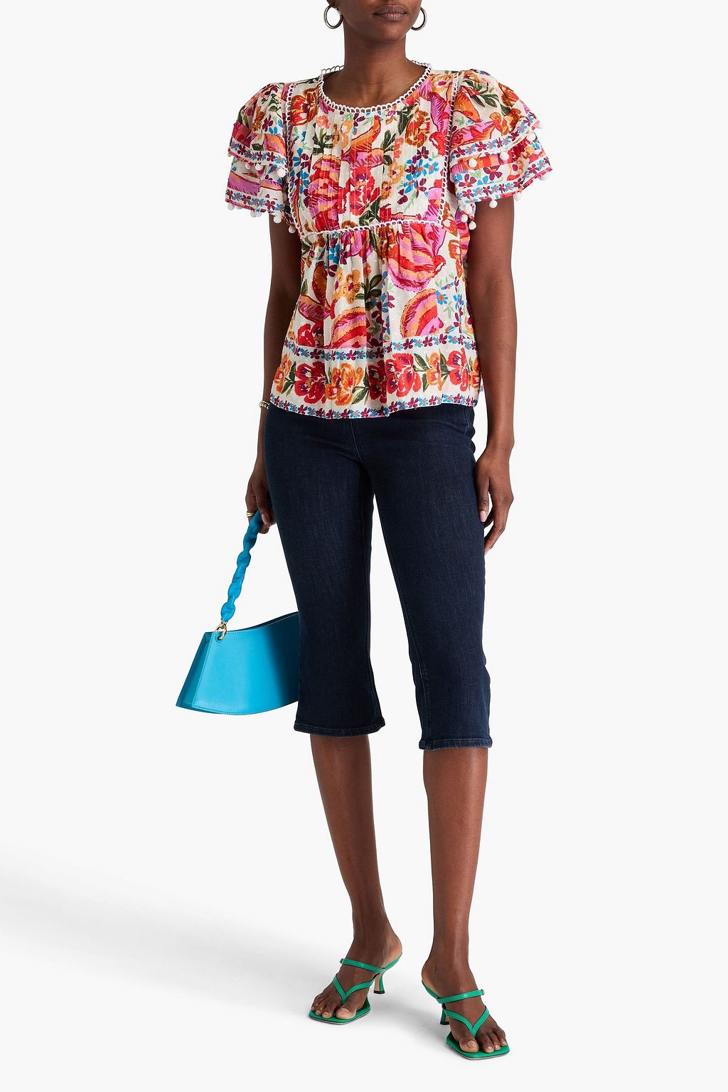 FARM RIO Pom pom-embellished floral-print Swiss-dot cotton top