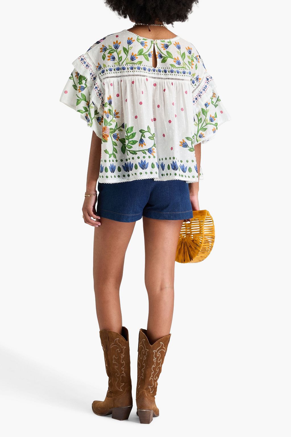 FARM RIO Printed Swiss-dot cotton blouse