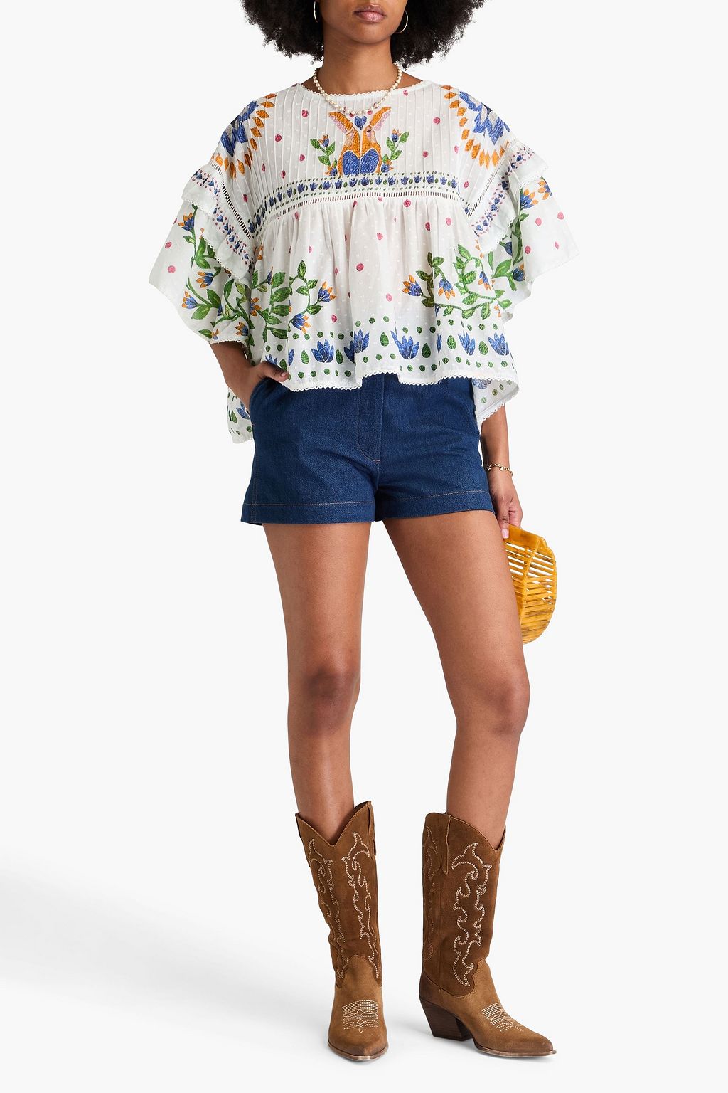 FARM RIO Printed Swiss-dot cotton blouse