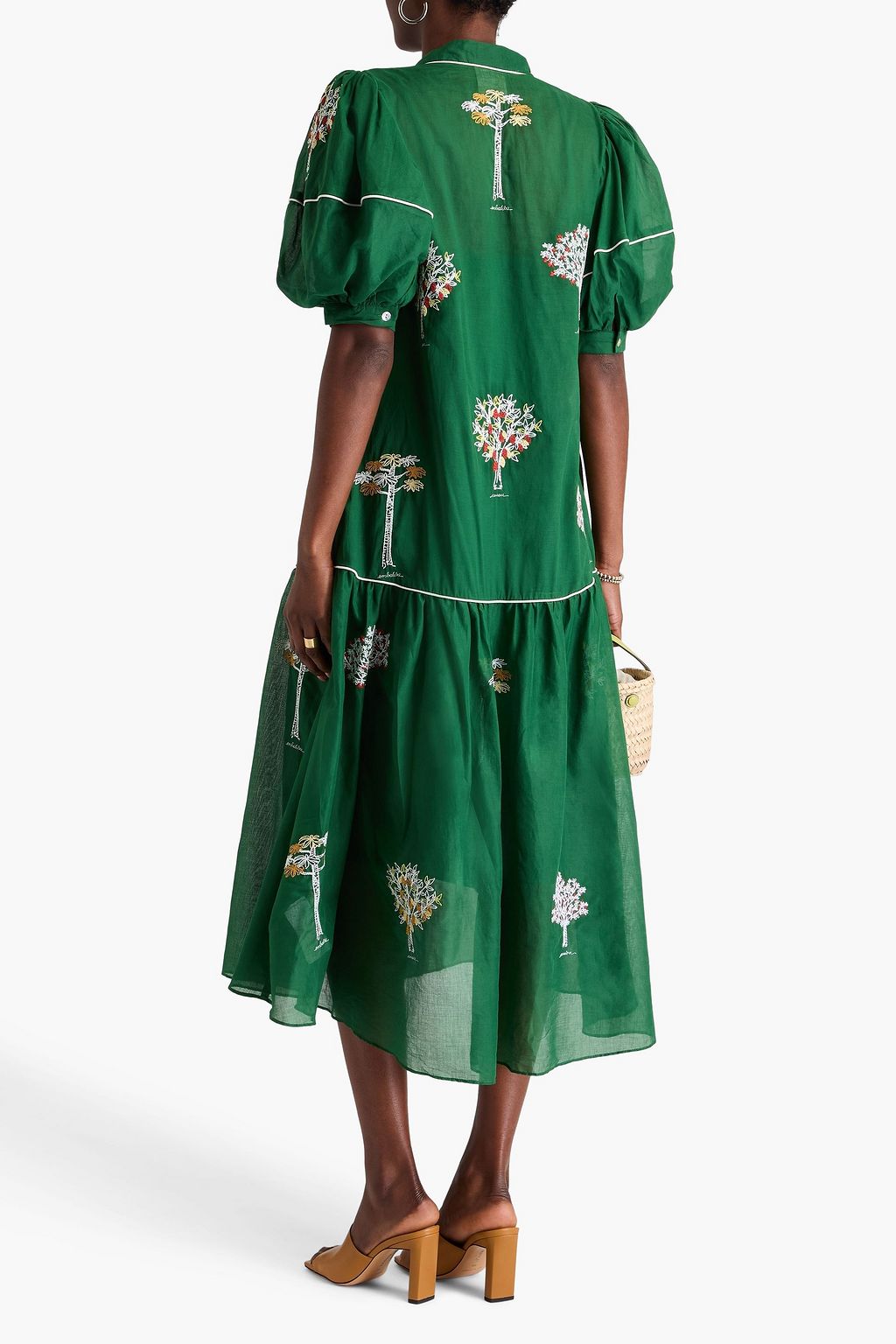 FARM RIO Embroidered cotton-voile midi dress
