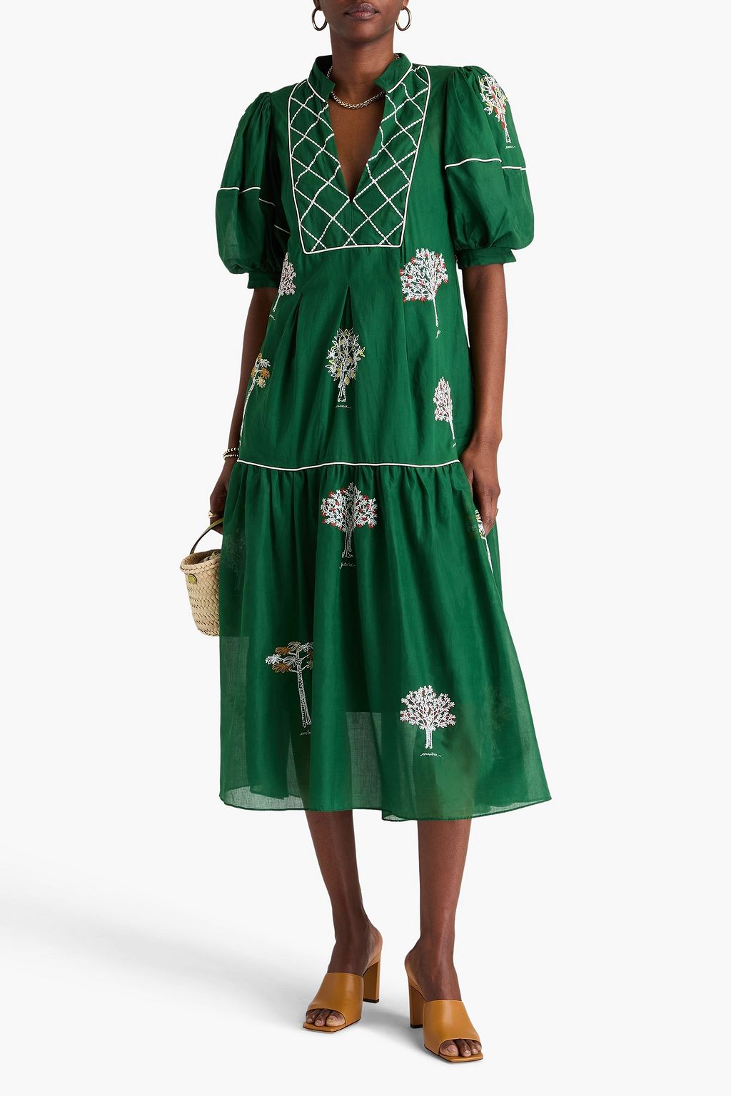FARM RIO Embroidered cotton-voile midi dress