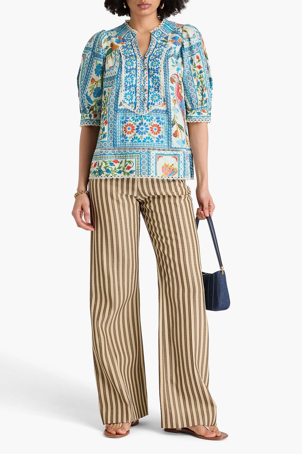 FARM RIO Printed Swiss-dot cotton top