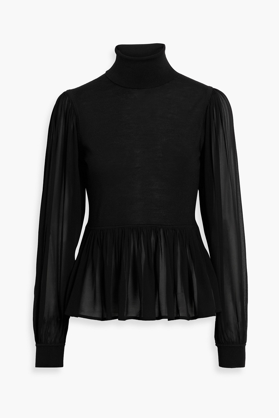 Ulla Johnson Liana Chiffon-paneled Wool And Silk-blend Turtleneck Top In Black