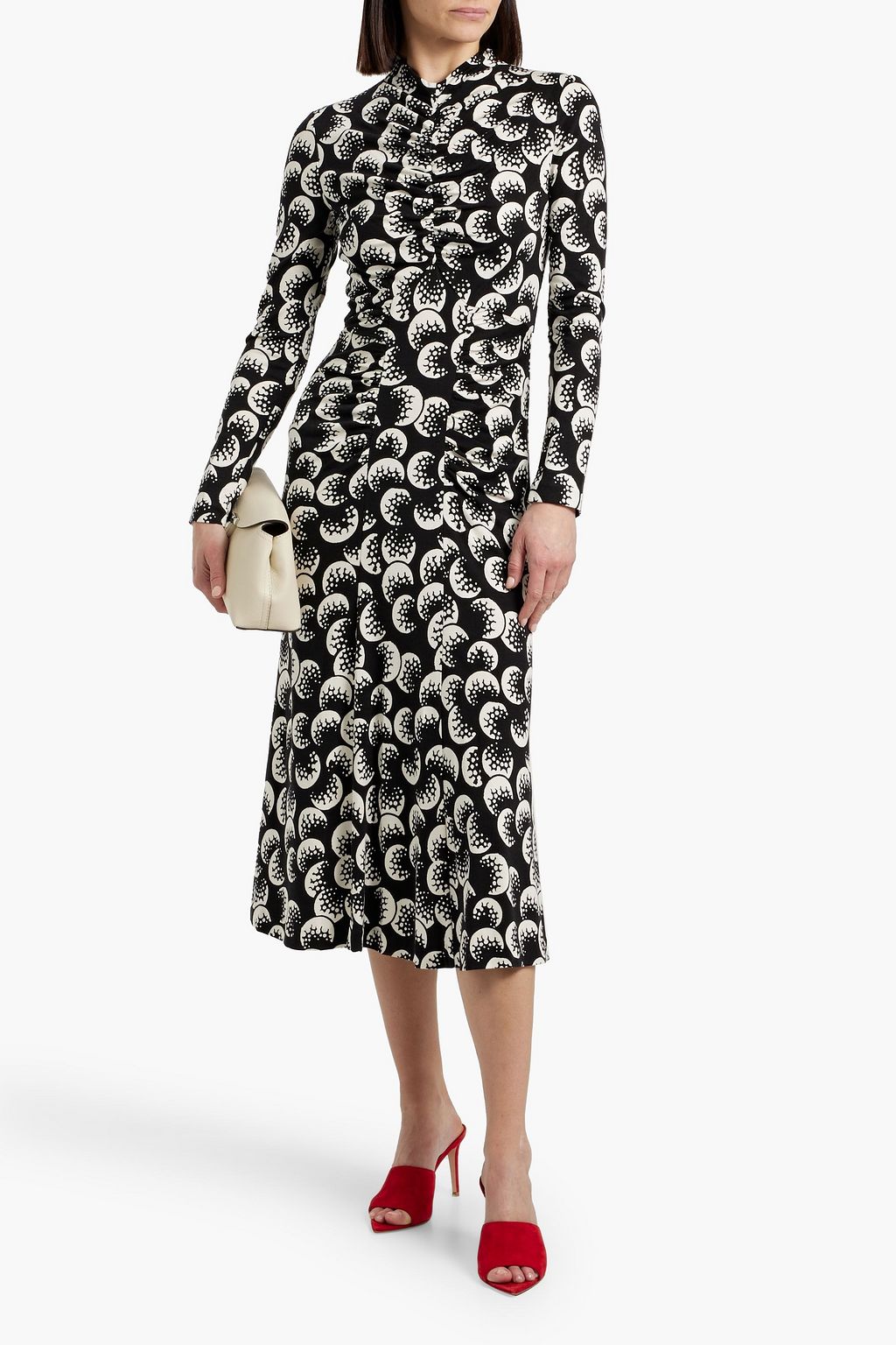 DIANE VON FURSTENBERG リヨセル&ウール混 ミディワンピース ルーシュ&プリント入り