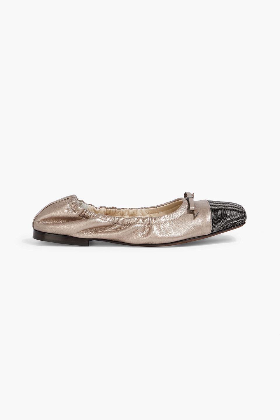 Brunello Cucinelli Bead-embellished Metallic Textured-leather Ballet Flats In Platinum