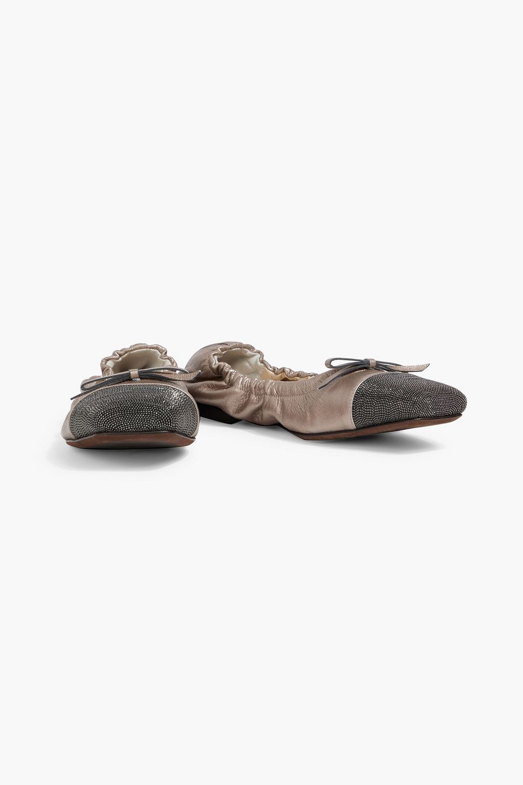 BRUNELLO CUCINELLI Bead-embellished metallic textured-leather ballet flats