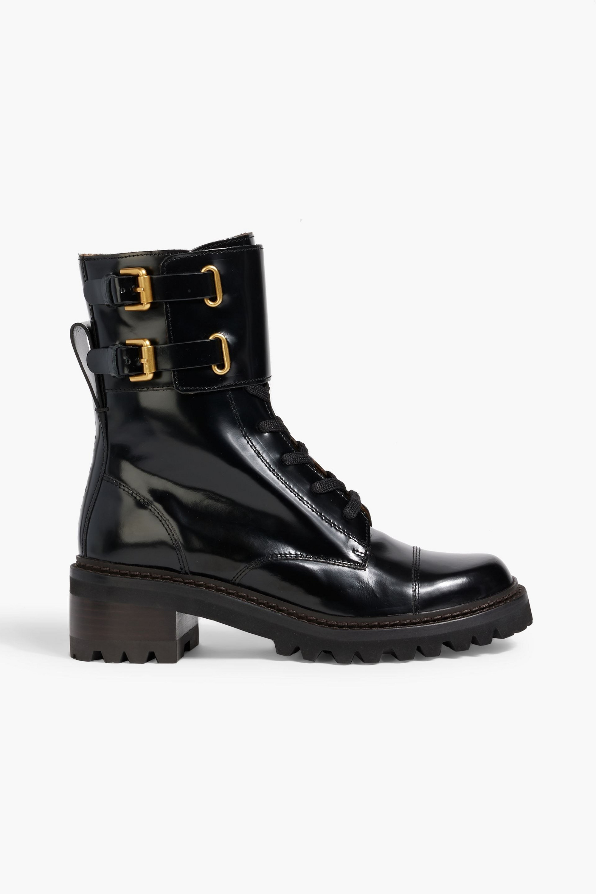 See By Chloé Mallory buckled glossed-leather combat boots