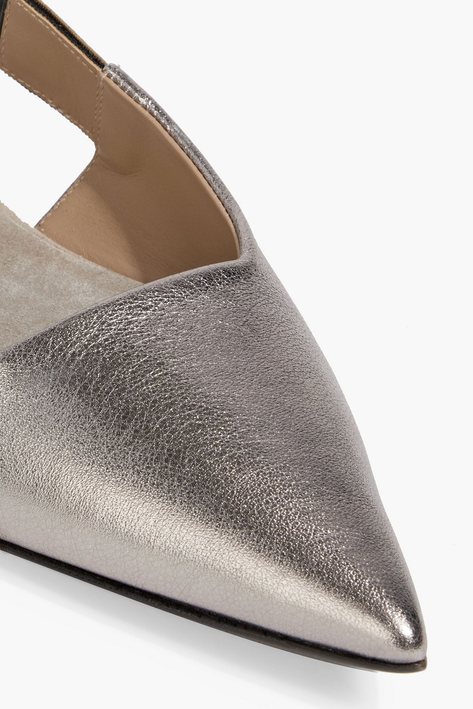 Brunello Cucinelli Bead-embellished Metallic Textured-leather Point-toe Flats
