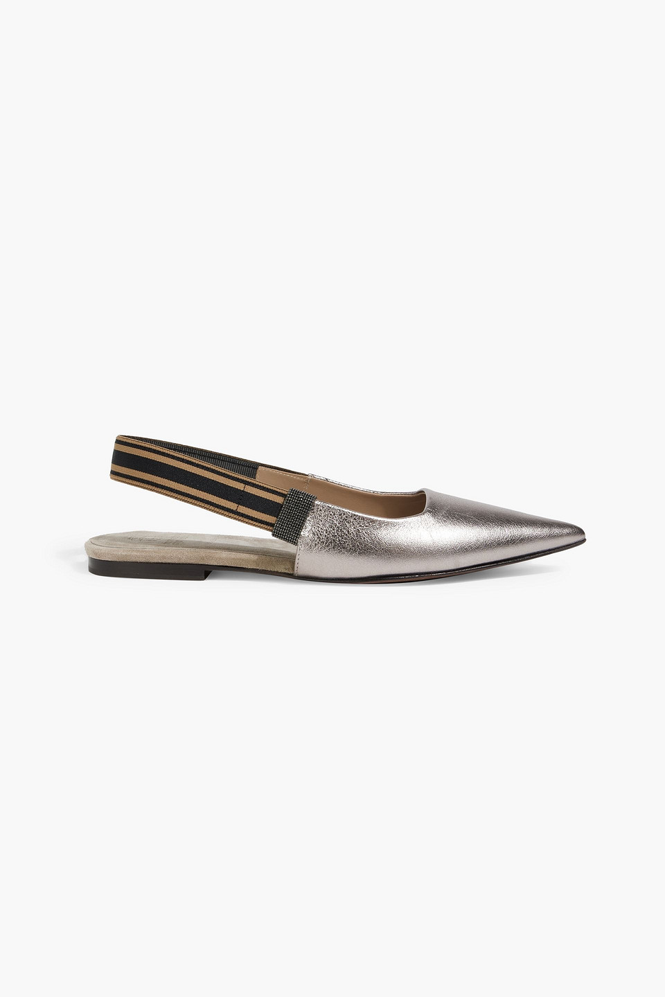 Brunello Cucinelli Bead-embellished Metallic Textured-leather Point-toe Flats