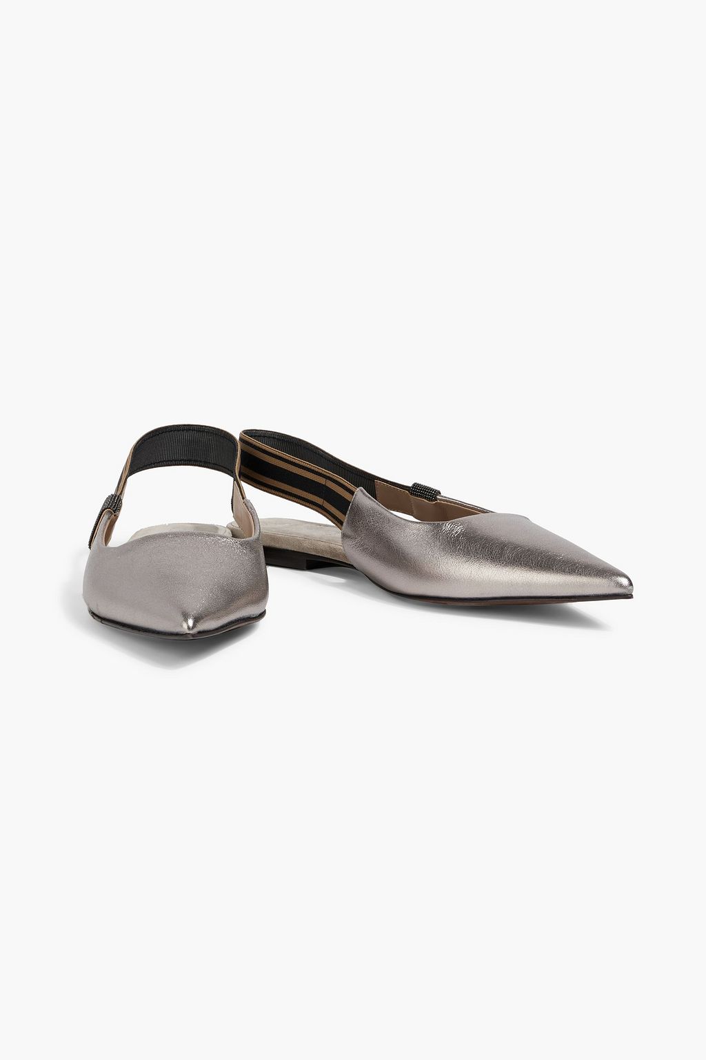 BRUNELLO CUCINELLI Bead-embellished metallic textured-leather point-toe flats