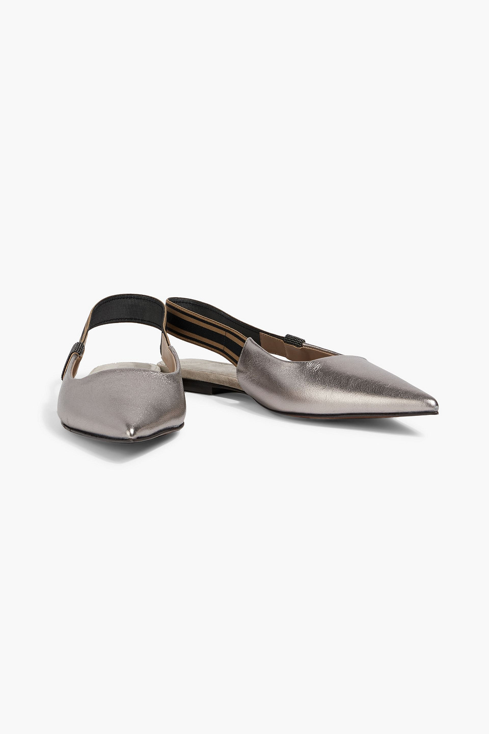 Brunello Cucinelli Bead-embellished Metallic Textured-leather Point-toe Flats