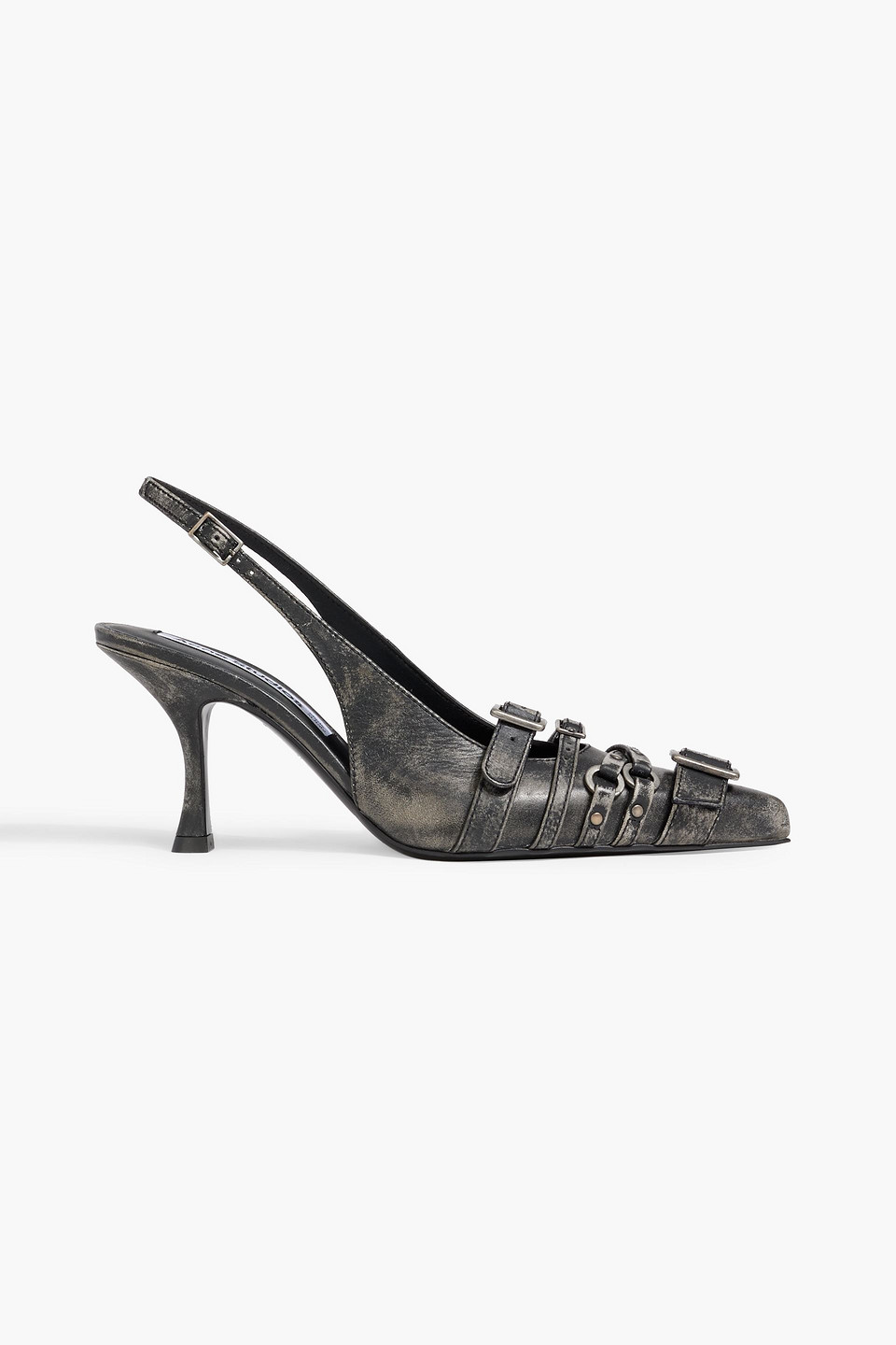 Buckled distressed leather slingback pumps