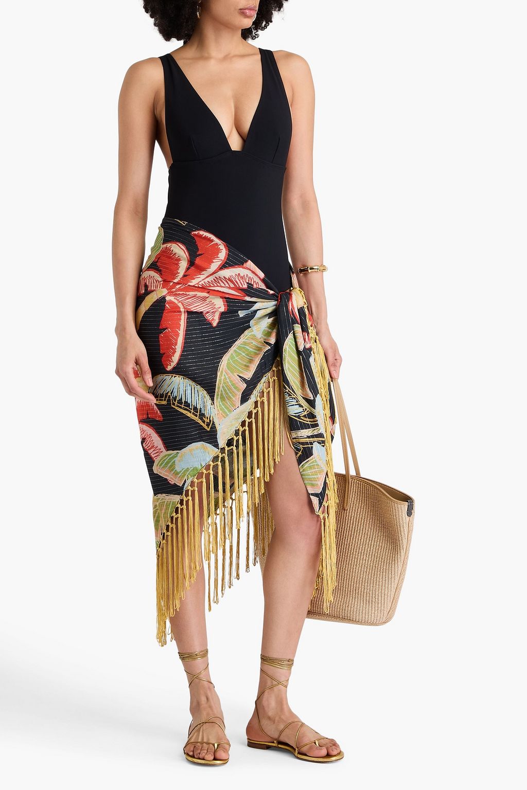 FARM RIO Fringed printed modal-blend pareo