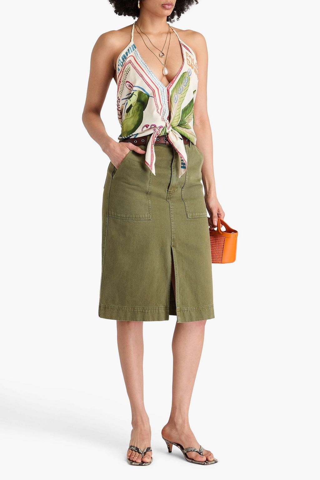 FARM RIO Bedrucktes Neckholder-Oberteil aus Satin mit Knotendetail und Zierperlen