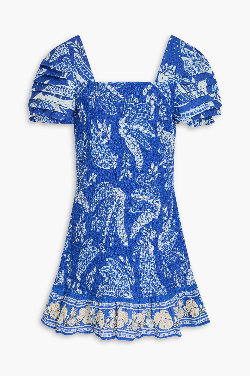 farm rio - smocked printed broderie anglaise cotton mini dress - blue - s