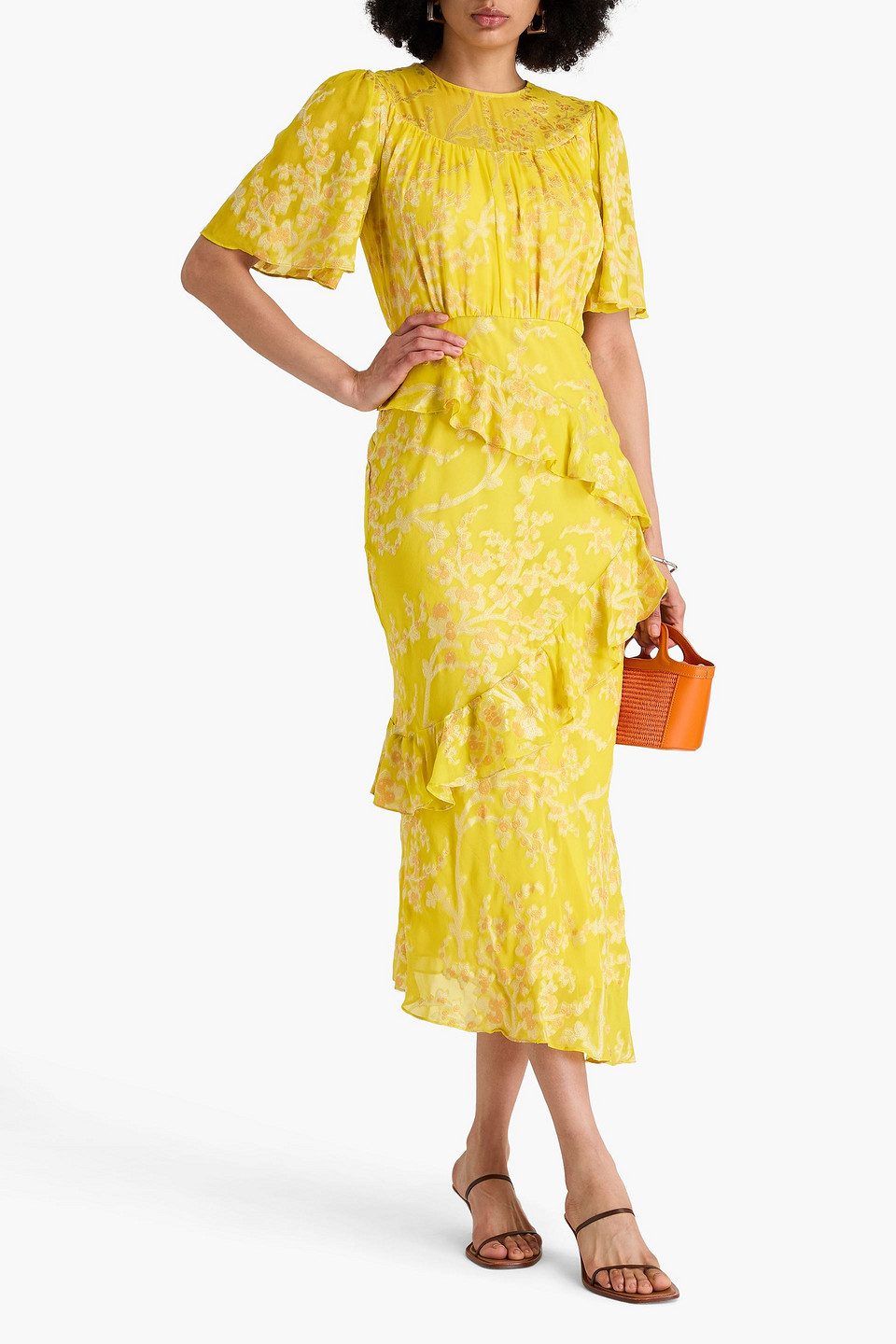  Saloni - Vida Maxikleid Aus Floralem Jacquard Aus Einer Seidenmischung Mit Fil Coupé Und Rüschen - Gelb - Uk 4 