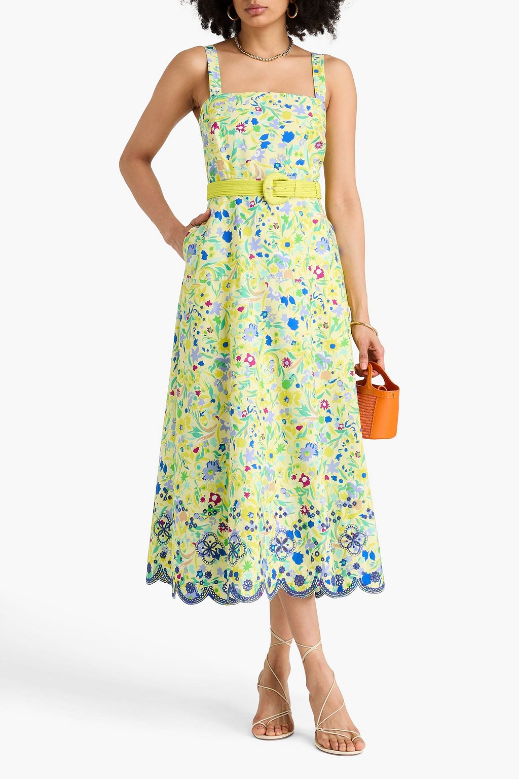 SALONI Belted printed cotton-poplin midi dress