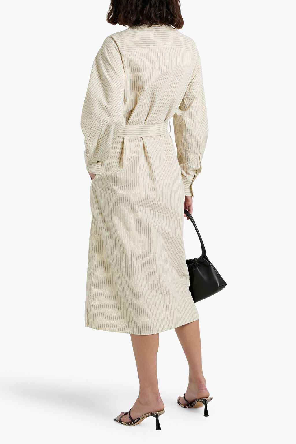 BRUNELLO CUCINELLI Bead-embellished striped cotton-blend seersucker midi shirt dress