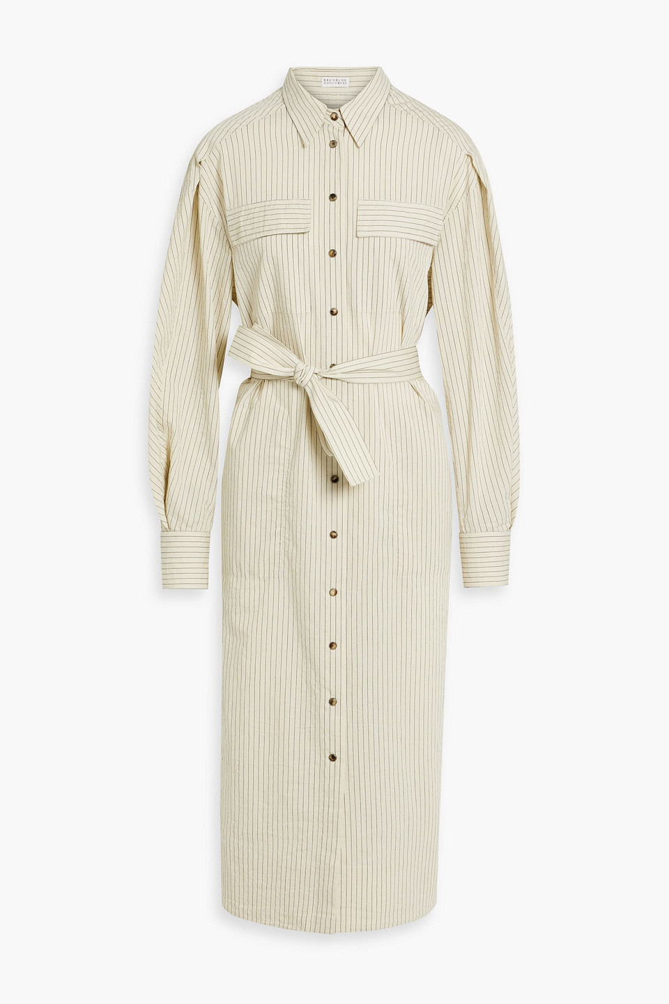 Brunello Cucinelli Bead-embellished Striped Cotton-blend Seersucker Midi Shirt Dress