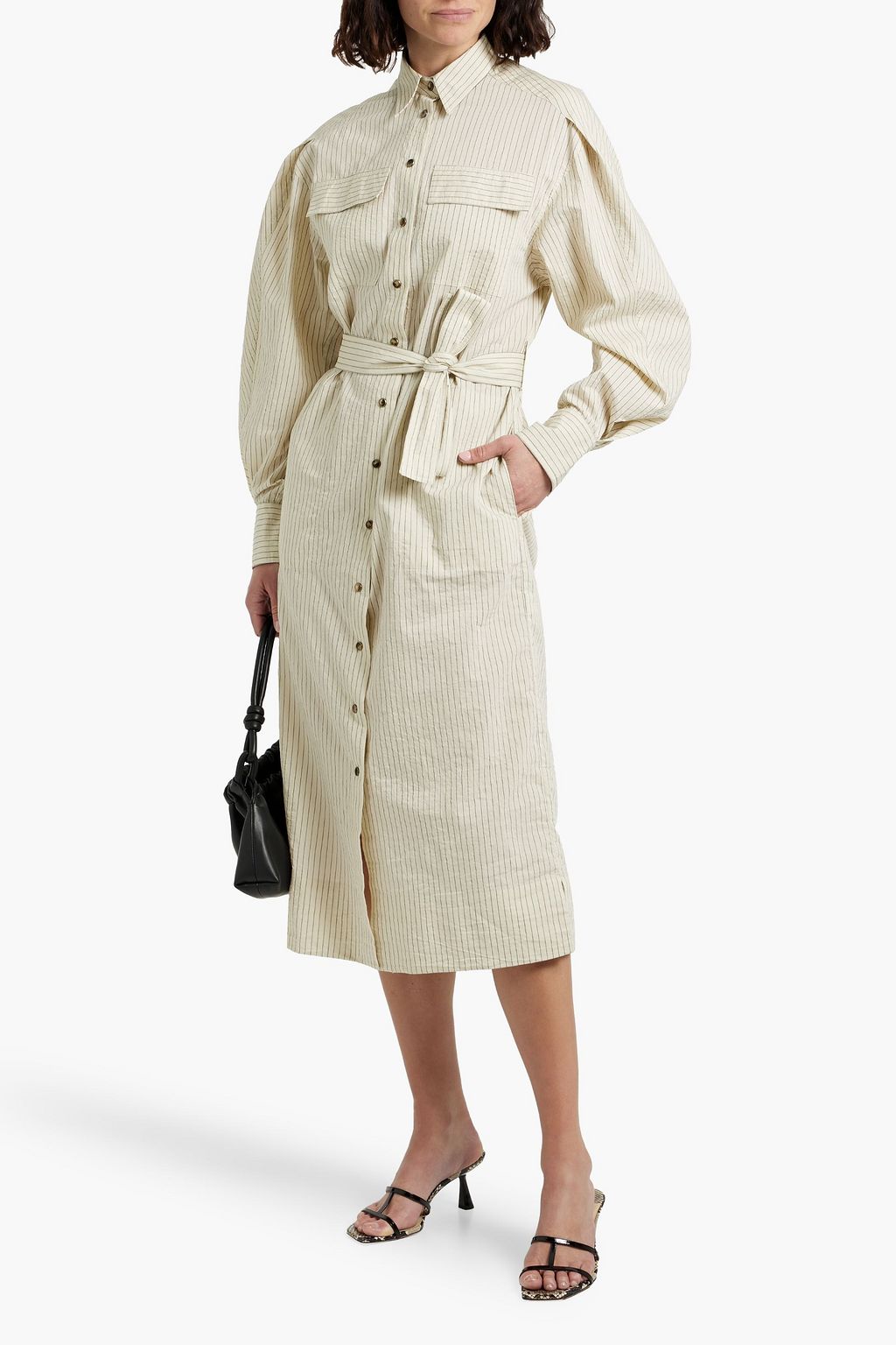 BRUNELLO CUCINELLI Bead-embellished striped cotton-blend seersucker midi shirt dress