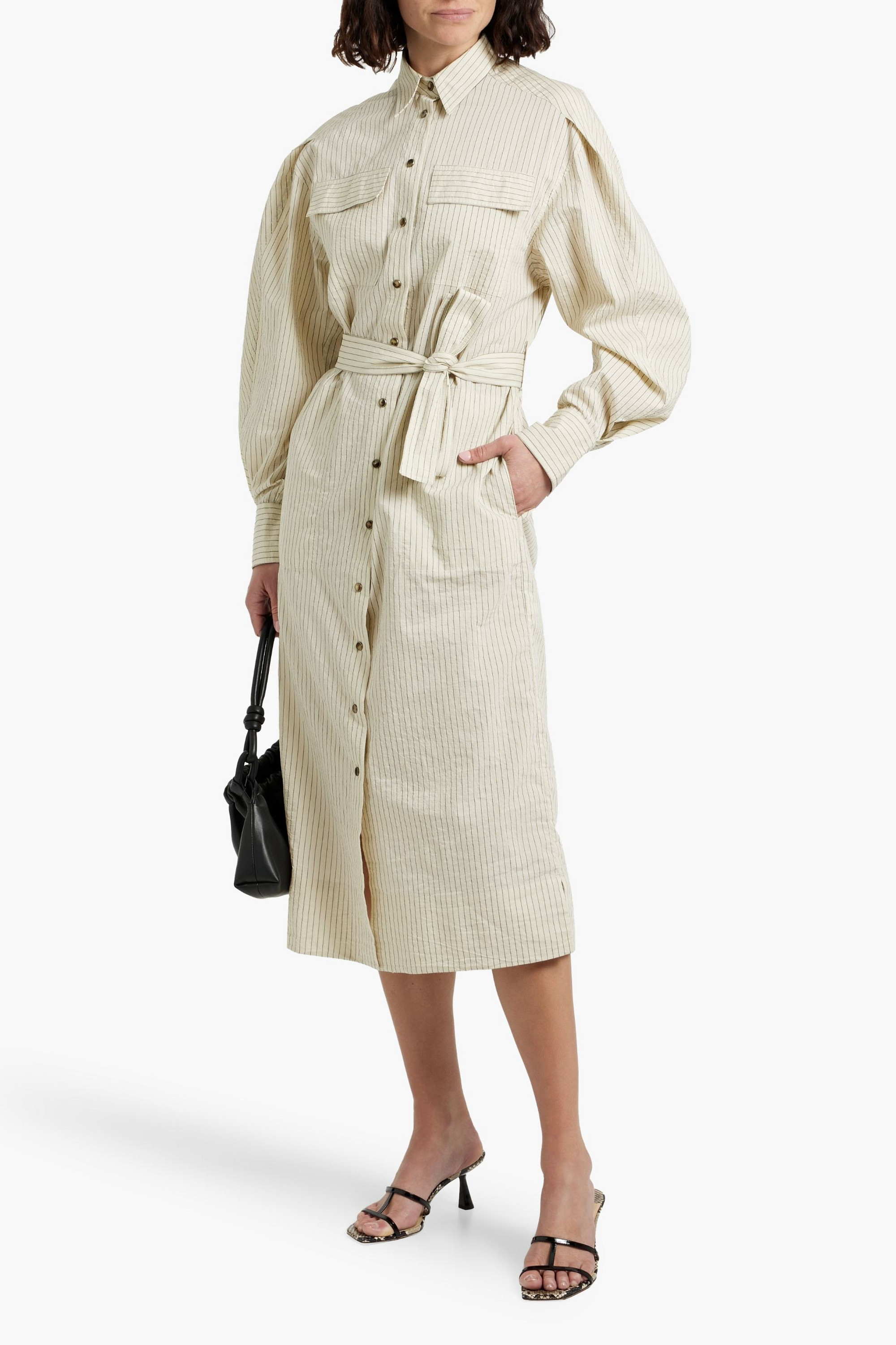 Brunello Cucinelli Bead-embellished striped cotton-blend seersucker midi shirt dress