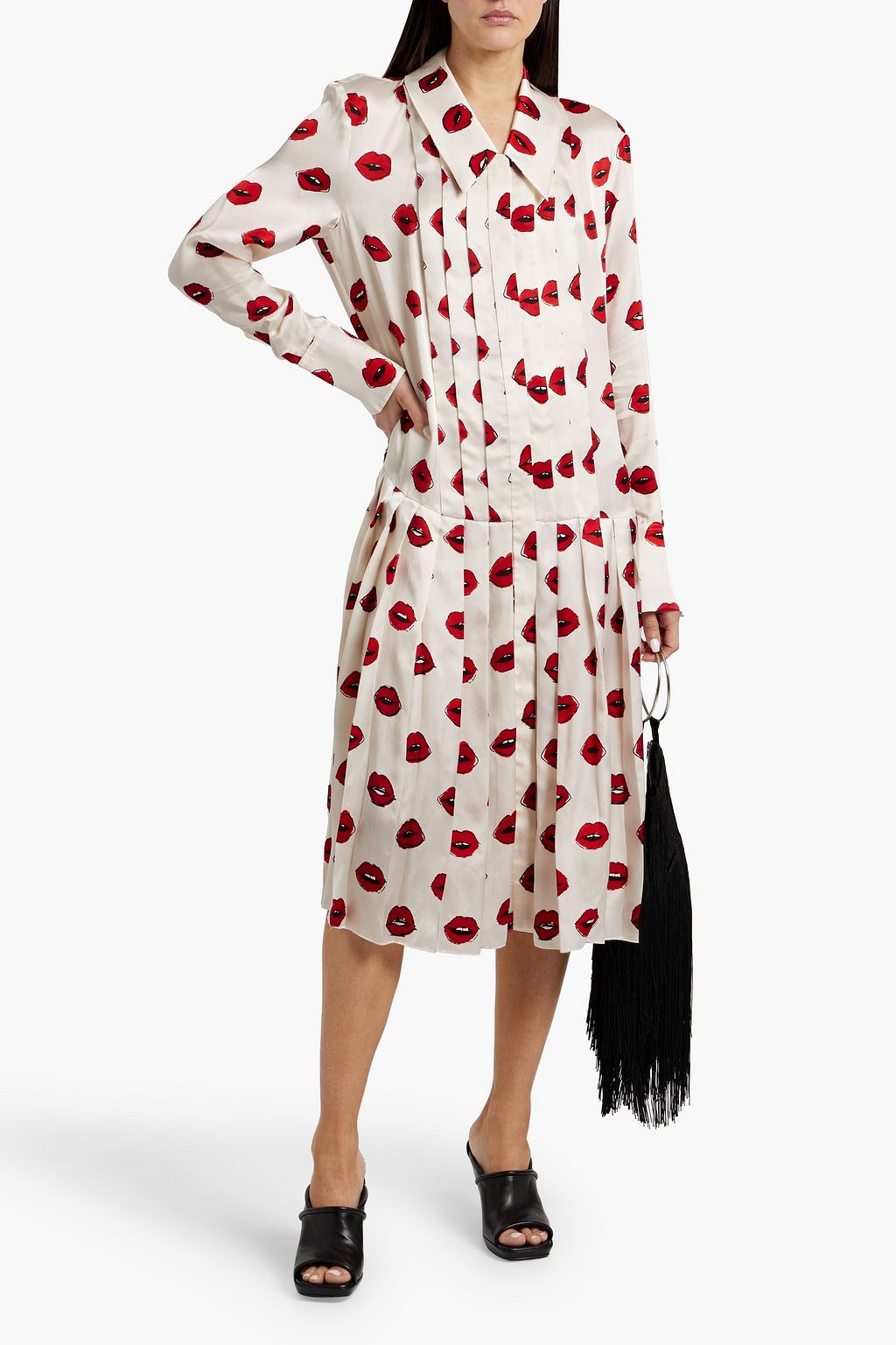 KHAITE Helli pleated printed satin-twill midi shirt dress