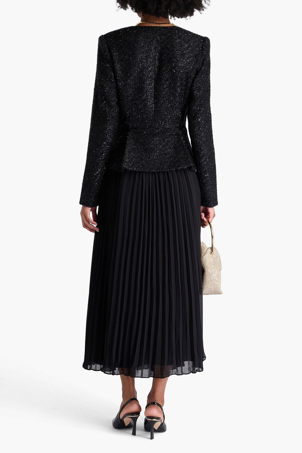 SELF-PORTRAIT Embellished pleated georgette and tweed midi dress