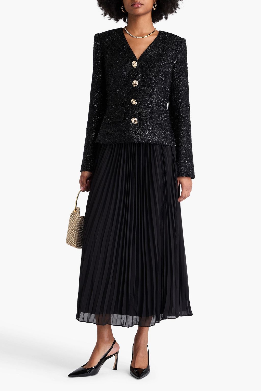SELF-PORTRAIT Embellished pleated georgette and tweed midi dress