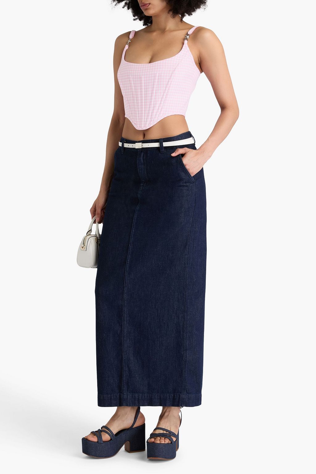 VERSACE Cropped gingham wool-flannel bustier top