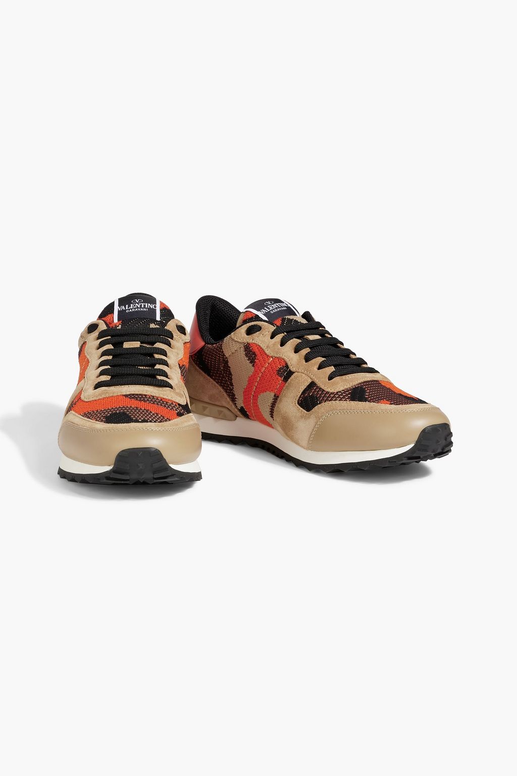 VALENTINO GARAVANI Rockrunner camouflage-print stretch-knit, leather and suede sneakers