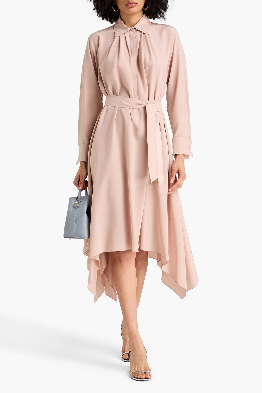 MAX MARA فستان كالكا متوسط الطول على شكل قميص من حرير كريب بكسرات