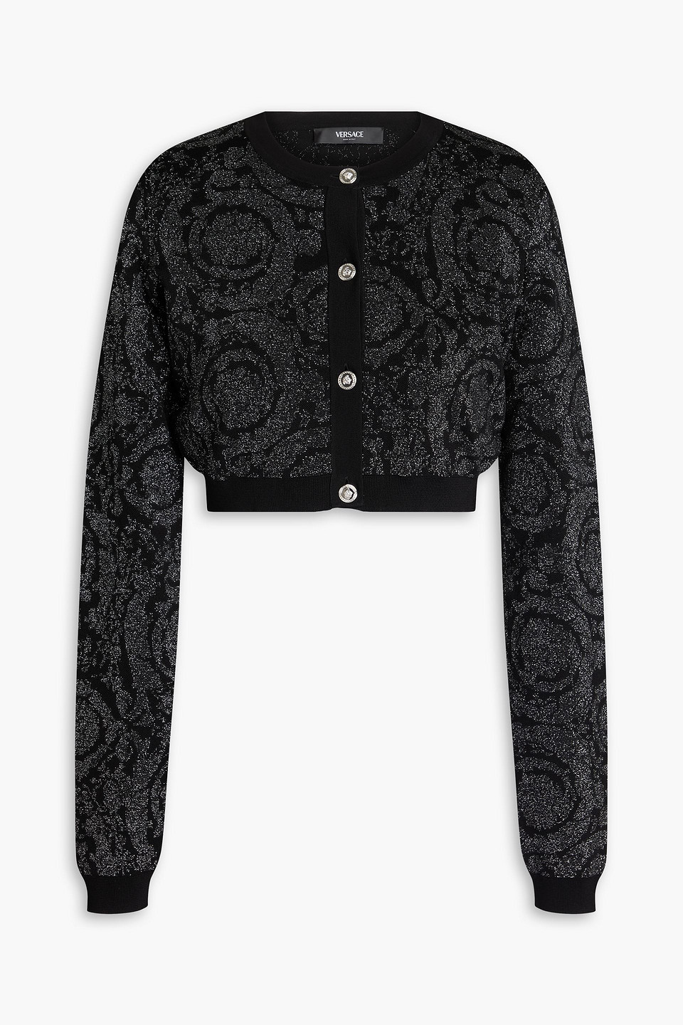 Versace Cropped Metallic Jacquard-knit Cardigan In Black