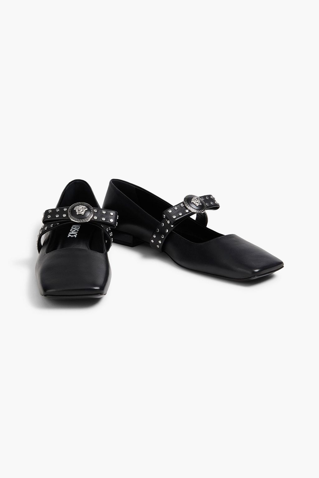 VERSACE Gianni Ribbon studded leather Mary Jane flats