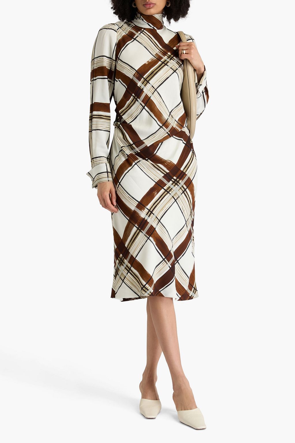 DRIES VAN NOTEN فستان متوسط الطول من الكريب بنقشة مربعات وتصميم درابيه