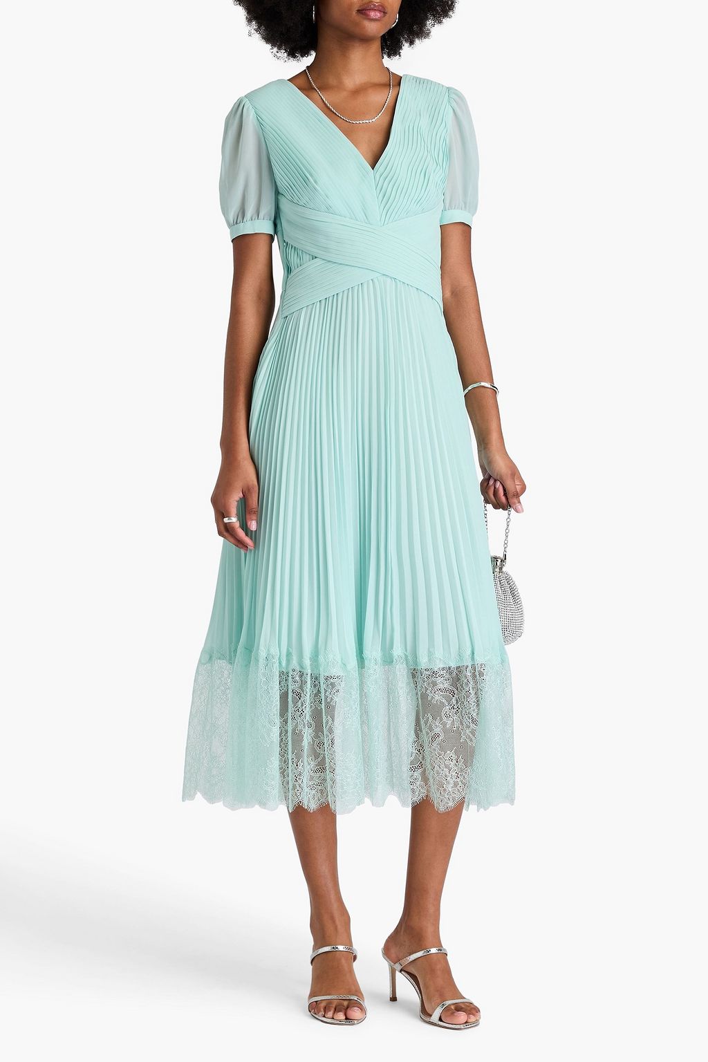 SELF-PORTRAIT Plissiertes Midikleid aus Georgette mit Spitzenbesatz