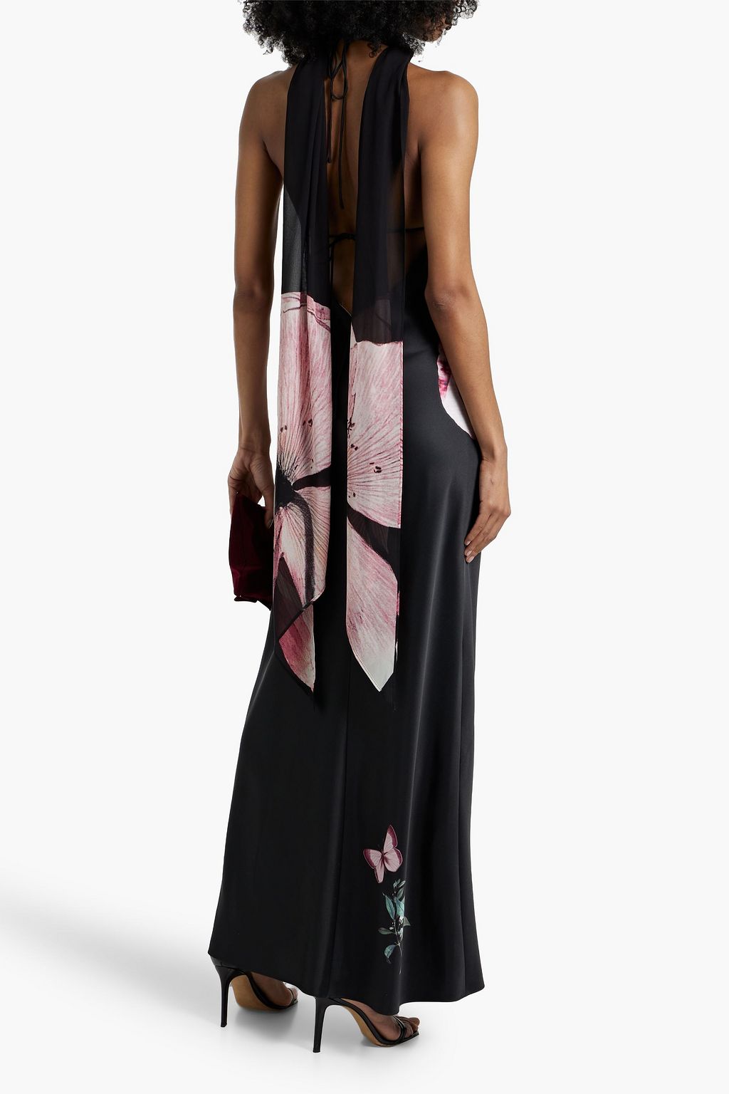 ALICE + OLIVIA Montana chiffon-paneled floral-print satin halterneck gown