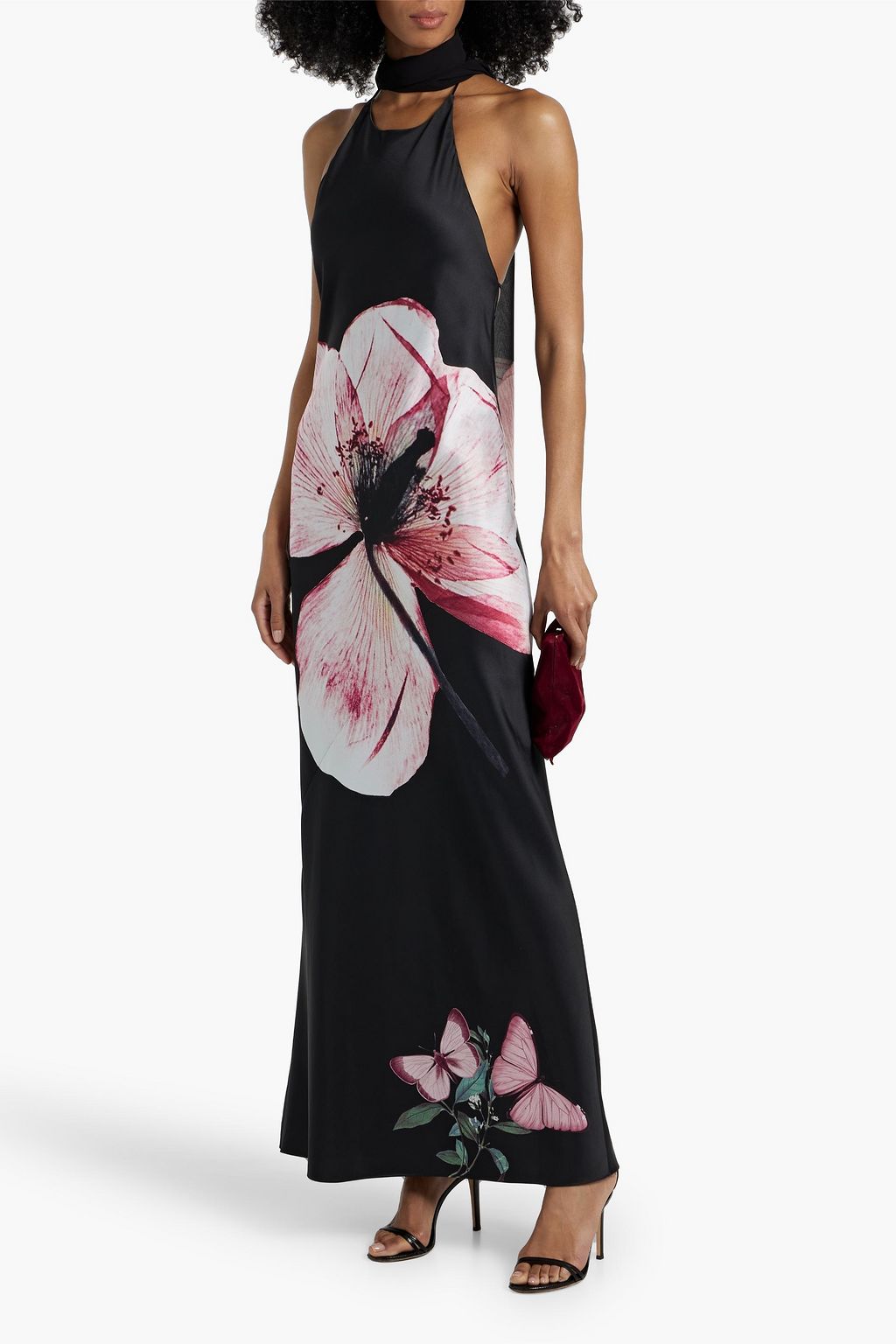 ALICE + OLIVIA Montana chiffon-paneled floral-print satin halterneck gown