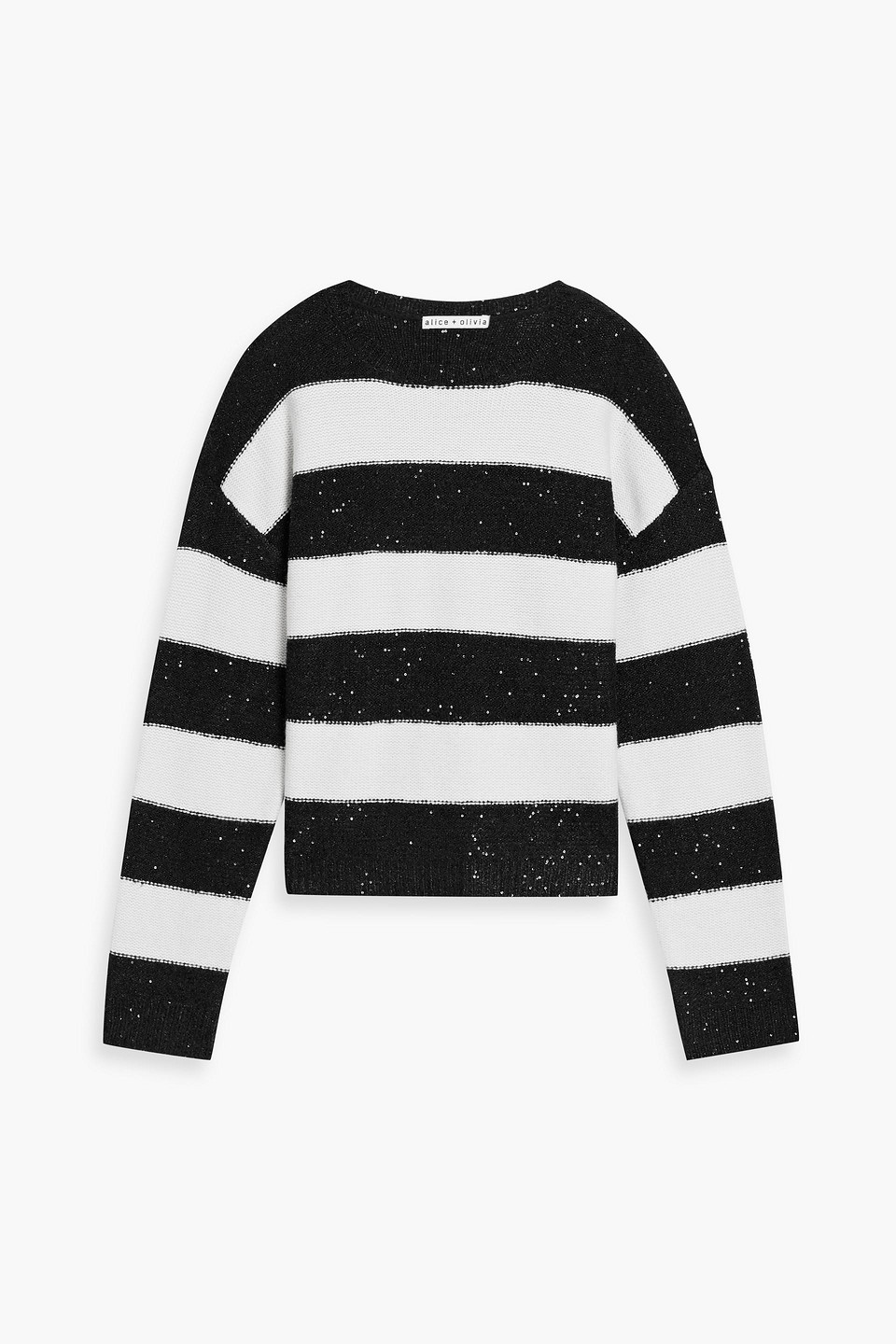 Alice And Olivia Jacques Sequin-embellished Striped Knitted Sweater In Black