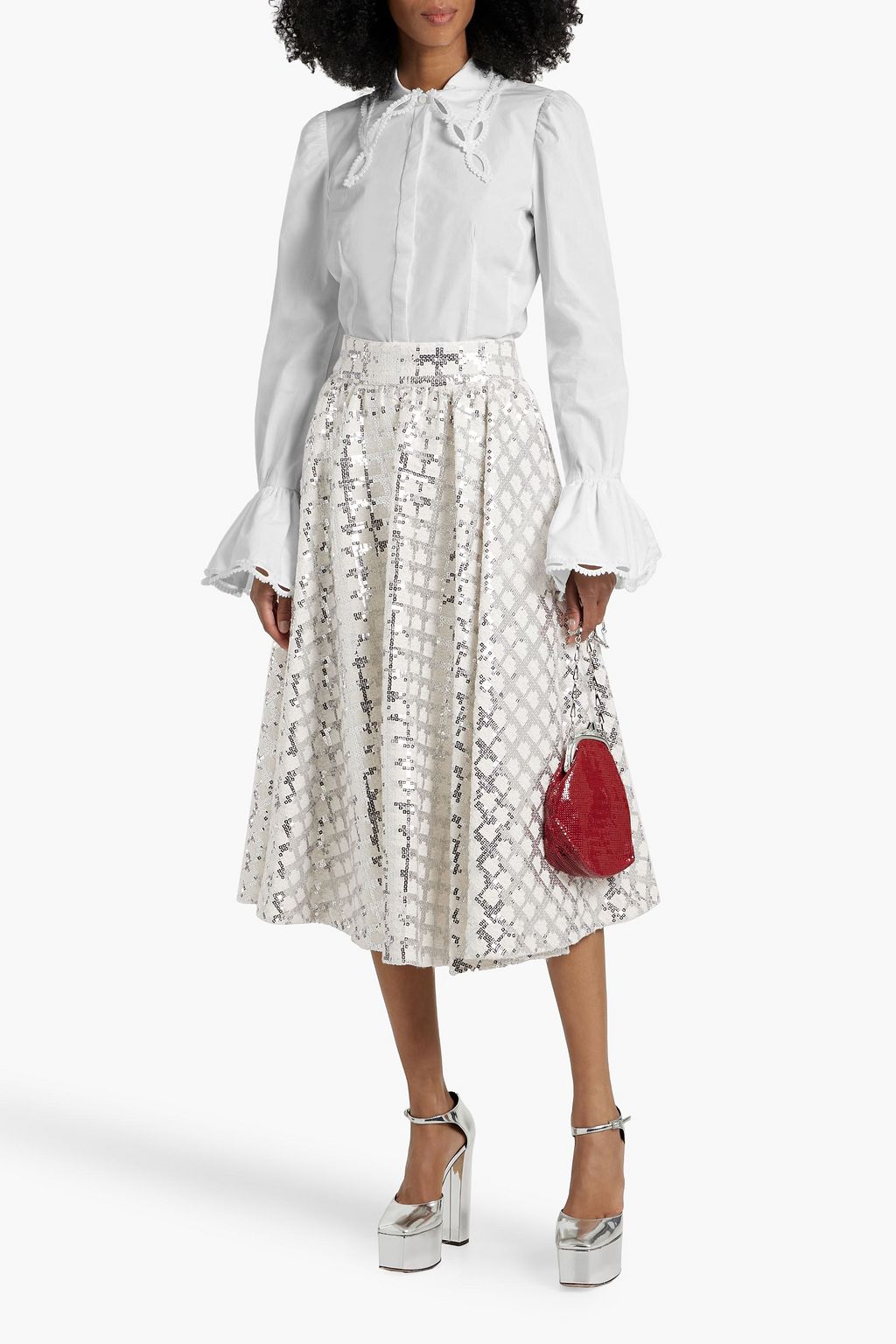 ALICE + OLIVIA Nilda sequin-embellished tweed midi skirt