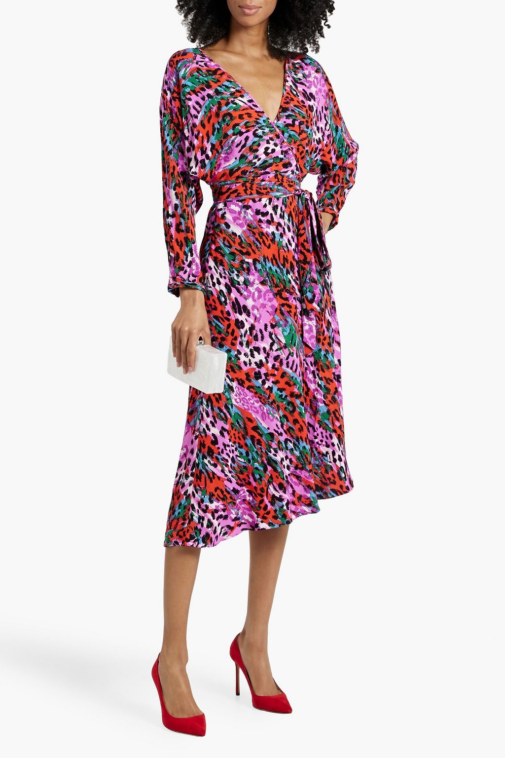 DIANE VON FURSTENBERG クレープ ラップ風ミディワンピース プリント入り