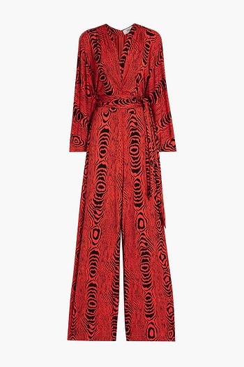 DIANE VON FURSTENBERG جمبسوت "أوريليا" من الجيرسي المطاط بأرجل واسعة بطبعة جلد الحمار الوحشي