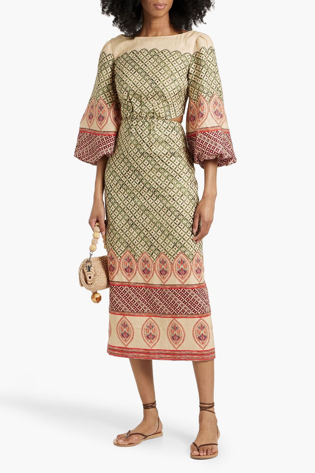 SALONI Neelam cutout printed linen midi dress